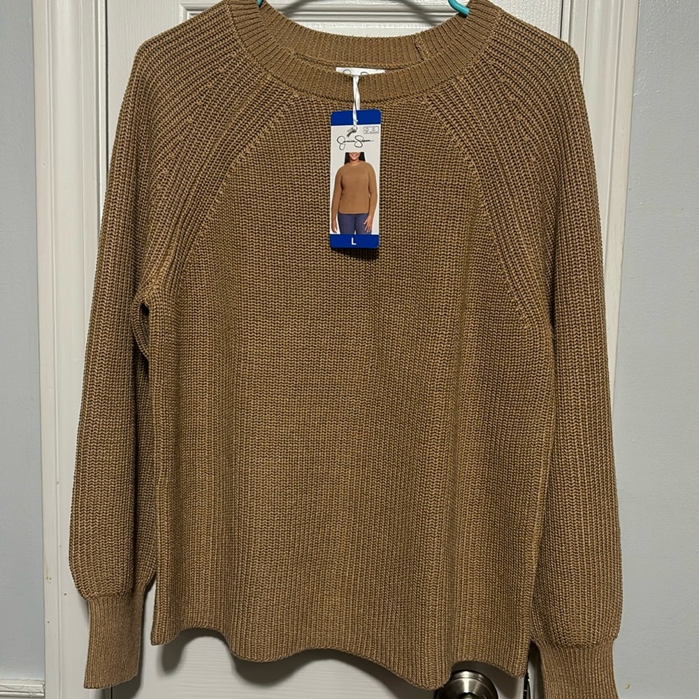 Jessica Simpson Ribbed Sweater Knit Tan Brown Crewneck Women's Size L NWT